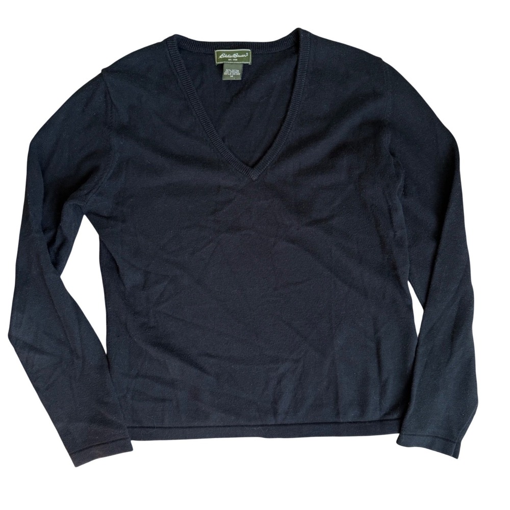 Eddie Bauer Cotton Cashmere V-Neck Sweater Women's M Black Knit Long Sleeve VTG - Picture 1 of 6